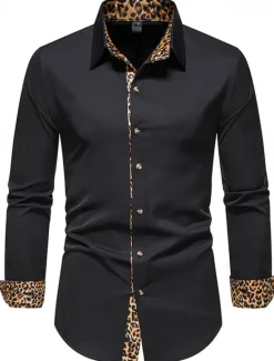 Sale OUKU Men's Dress Shirt Collared Shirt Button Up Shirt Leopard Wedding Daily White Navy Blue Long Sleeve All Seasons Clothing Apparel Black
