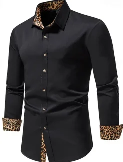 Sale OUKU Men's Dress Shirt Collared Shirt Button Up Shirt Leopard Wedding Daily White Navy Blue Long Sleeve All Seasons Clothing Apparel Black