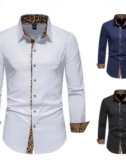 Sale OUKU Men's Dress Shirt Collared Shirt Button Up Shirt Leopard Wedding Daily White Navy Blue Long Sleeve All Seasons Clothing Apparel Black