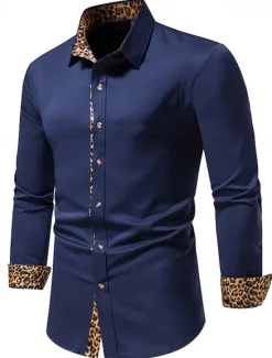 Sale OUKU Men's Dress Shirt Collared Shirt Button Up Shirt Leopard Wedding Daily White Navy Blue Long Sleeve All Seasons Clothing Apparel Black