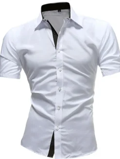 Hot OUKU Men's Dress Shirt Collared Shirt Button Up Shirt Plain Wedding Work Navy Black Red White Blue Short Sleeve Collar Clothing Apparel
