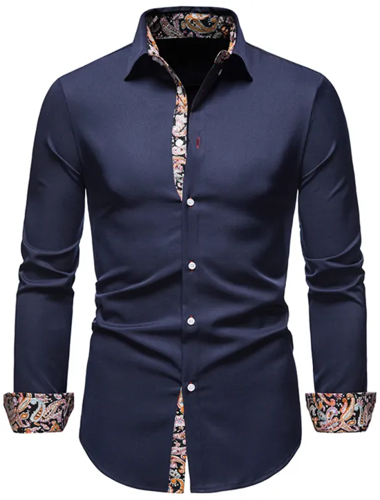 OUKU Men's Dress Shirt Collared Shirt Button Up Shirt Abstract Wedding Daily Black White Wine Navy Blue Long Sleeve Clothing Apparel