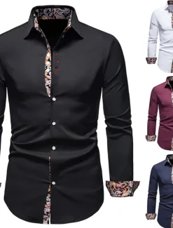OUKU Men's Dress Shirt Collared Shirt Button Up Shirt Abstract Wedding Daily Black White Wine Navy Blue Long Sleeve Clothing Apparel