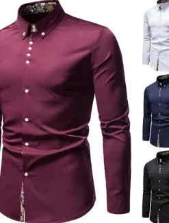 OUKU Men's Dress Shirt Collared Shirt Button Up Shirt Abstract Wedding Daily Black White Wine Navy Blue Long Sleeve Clothing Apparel
