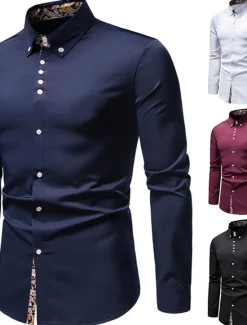 OUKU Men's Dress Shirt Collared Shirt Button Up Shirt Abstract Wedding Daily Black White Wine Navy Blue Long Sleeve Clothing Apparel