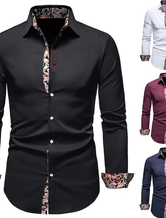 OUKU Men's Dress Shirt Collared Shirt Button Up Shirt Abstract Wedding Daily Black White Wine Navy Blue Long Sleeve Clothing Apparel