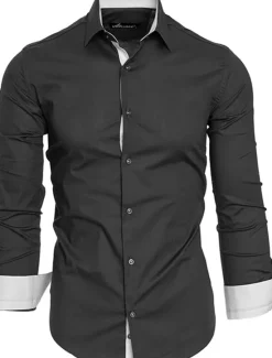 New OUKU Men's Dress Shirt Collared Shirt Button Up Shirt Club Collared Shirt Plain Wedding Work Black White Red Navy Blue Long Sleeve Collar Spring Fall Clothing Apparel