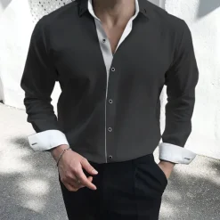 OUKU Men's Dress Shirt Collared Shirt Button Up Shirt Plain Wedding Valentine's Day Black White Red Navy Blue Long Sleeve Collar Summer Spring Clothing Apparel Patchwork