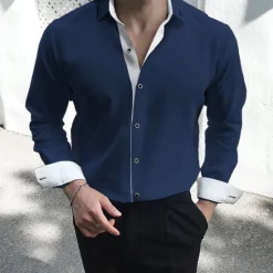 OUKU Men's Dress Shirt Collared Shirt Button Up Shirt Plain Wedding Valentine's Day Black White Red Navy Blue Long Sleeve Collar Summer Spring Clothing Apparel Patchwork