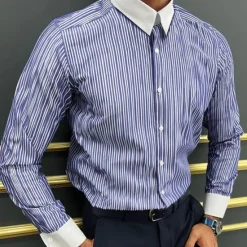 Outlet OUKU Men's Dress Shirt French Cuff Shirt Collared Shirt Striped Wedding Work Maroon Light Blue Black Blue Long Sleeve Turndown Spring, Fall, Winter, Summer Clothing Apparel Button-Down