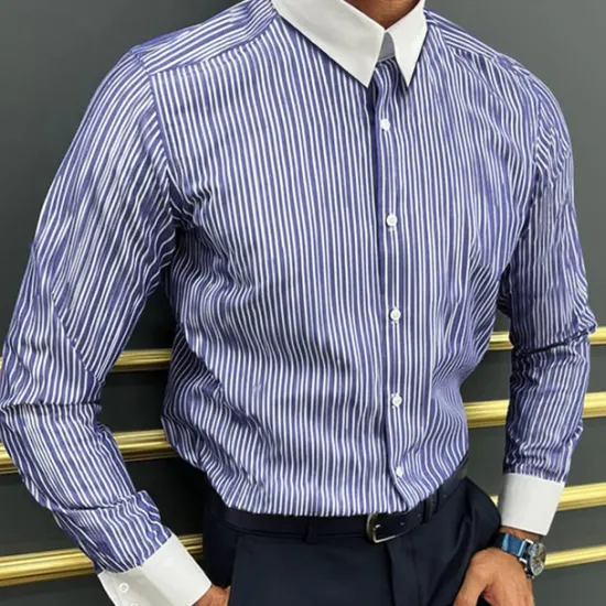 Outlet OUKU Men's Dress Shirt French Cuff Shirt Collared Shirt Striped Wedding Work Maroon Light Blue Black Blue Long Sleeve Turndown Spring, Fall, Winter, Summer Clothing Apparel Button-Down