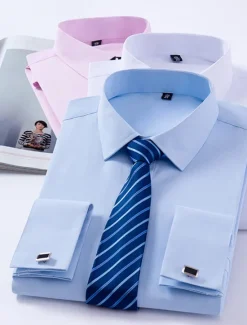 Discount OUKU Men's Dress Shirt French Cuff Shirt Collared Shirt Button Up Shirt Plain Wedding Party White Pink Blue Long Sleeve Turndown Spring, Fall, Winter, Summer Clothing Apparel Collared Shirts
