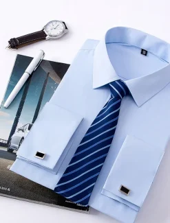 Discount OUKU Men's Dress Shirt French Cuff Shirt Collared Shirt Button Up Shirt Plain Wedding Party White Pink Blue Long Sleeve Turndown Spring, Fall, Winter, Summer Clothing Apparel Collared Shirts