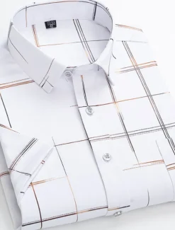 OUKU Men's Dress Shirt Non Iron Shirt Plaid / Striped / Chevron / Round Wedding Office & Career Black White Wine Dark Navy Short Sleeve Shirt Collar Spring & Summer Clothing Apparel Cross