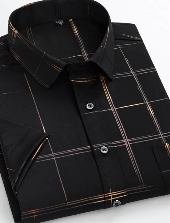 OUKU Men's Dress Shirt Non Iron Shirt Plaid / Striped / Chevron / Round Wedding Office & Career Black White Wine Dark Navy Short Sleeve Shirt Collar Spring & Summer Clothing Apparel Cross