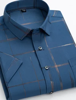 OUKU Men's Dress Shirt Non Iron Shirt Plaid / Striped / Chevron / Round Wedding Office & Career Black White Wine Dark Navy Short Sleeve Shirt Collar Spring & Summer Clothing Apparel Cross
