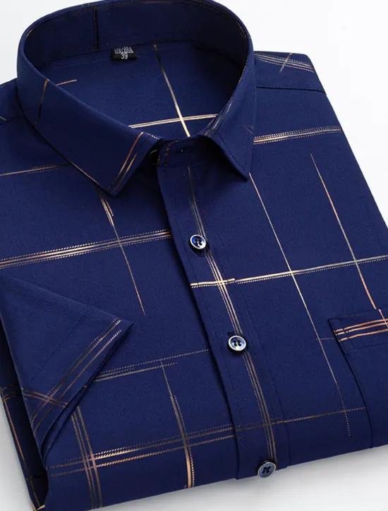 OUKU Men's Dress Shirt Non Iron Shirt Plaid / Striped / Chevron / Round Wedding Office & Career Black White Wine Dark Navy Short Sleeve Shirt Collar Spring & Summer Clothing Apparel Cross