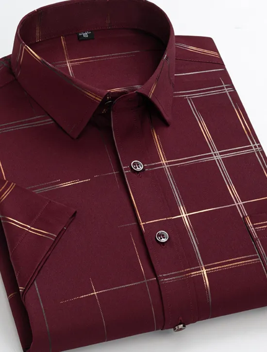 OUKU Men's Dress Shirt Non Iron Shirt Plaid / Striped / Chevron / Round Wedding Office & Career Black White Wine Dark Navy Short Sleeve Shirt Collar Spring & Summer Clothing Apparel Cross
