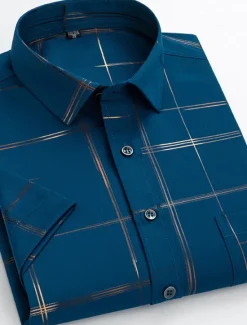 OUKU Men's Dress Shirt Non Iron Shirt Plaid / Striped / Chevron / Round Wedding Office & Career Black White Wine Dark Navy Short Sleeve Shirt Collar Spring & Summer Clothing Apparel Cross