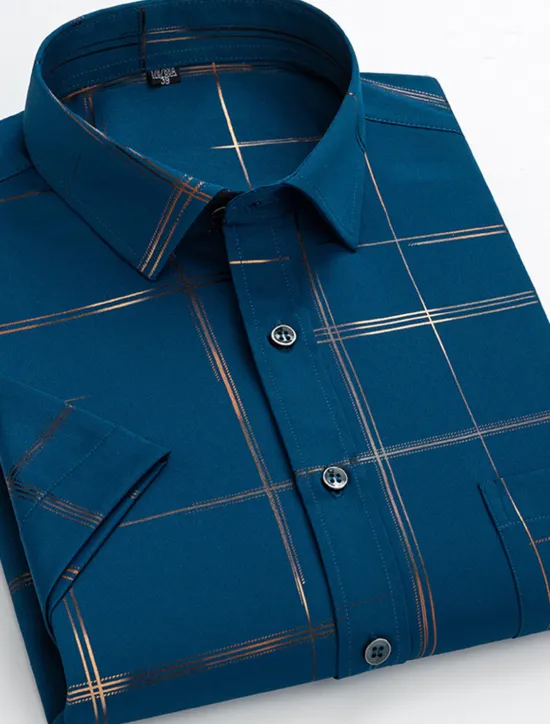 OUKU Men's Dress Shirt Non Iron Shirt Plaid / Striped / Chevron / Round Wedding Office & Career Black White Wine Dark Navy Short Sleeve Shirt Collar Spring & Summer Clothing Apparel Cross