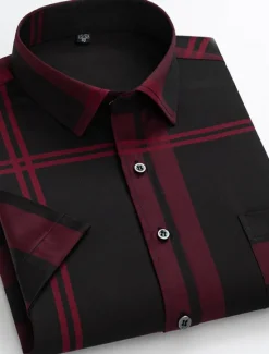 OUKU Men's Dress Shirt Non Iron Shirt Plaid / Striped / Chevron / Round Wedding Office & Career Black White Wine Dark Navy Short Sleeve Shirt Collar Spring & Summer Clothing Apparel Cross