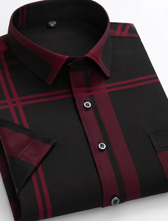 OUKU Men's Dress Shirt Non Iron Shirt Plaid / Striped / Chevron / Round Wedding Office & Career Black White Wine Dark Navy Short Sleeve Shirt Collar Spring & Summer Clothing Apparel Cross