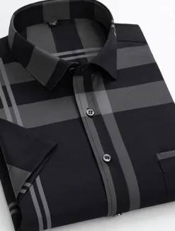 OUKU Men's Dress Shirt Non Iron Shirt Plaid / Striped / Chevron / Round Wedding Office & Career Black White Wine Dark Navy Short Sleeve Shirt Collar Spring & Summer Clothing Apparel Cross