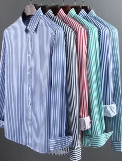 Sale OUKU Men's Dress Shirt Non Iron Shirt Stripe Wedding Vacation Black Light Green Red Royal Blue Long Sleeve Turndown All Seasons Clothing Apparel Button-Down
