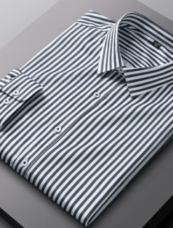 Sale OUKU Men's Dress Shirt Non Iron Shirt Stripe Wedding Vacation Black Light Green Red Royal Blue Long Sleeve Turndown All Seasons Clothing Apparel Button-Down
