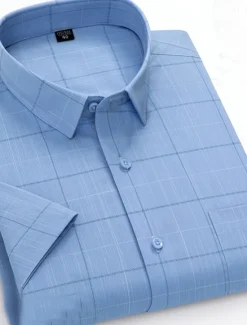 Sale OUKU Men's Dress Shirt Non Iron Shirt Stripes and Plaid Wedding Office & Career Light Blue Light Green Pink Navy Blue Short Sleeve Turndown All Seasons Clothing Apparel