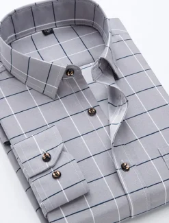 Best OUKU Men's Dress Shirt Non Iron Shirt Stretch Plaid / Striped / Chevron / Round Wedding Office & Career Light Pink Light Blue Black White Turndown Spring & Summer All Seasons Clothing Apparel