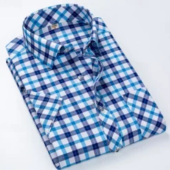 Hot OUKU Men's Dress Shirt Plaid Shirt Collared Shirt Button Up Shirt Plaid / Check Wedding Casual White Red Blue Orange Short Sleeve Turndown Summer Spring Clothing Apparel