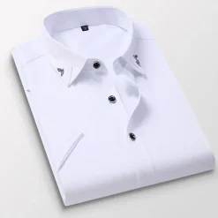 Hot OUKU Men's Dress Shirt Plain Wedding Outdoor Wine Black White Pink Short Sleeve Square Neck Summer Clothing Apparel Button-Down