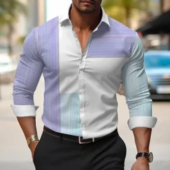 Discount OUKU Men's Dress Shirt Printed Shirts Stripe Outdoor Wear to work Violet Fuchsia Green Long Sleeve Turndown Spring & Summer Clothing Apparel Print