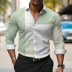 Discount OUKU Men's Dress Shirt Printed Shirts Stripe Outdoor Wear to work Violet Fuchsia Green Long Sleeve Turndown Spring & Summer Clothing Apparel Print