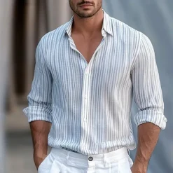 Online OUKU Men's Dress Shirt Printed Shirts Stripe Street Wear to work Royal Blue Blue Gray Long Sleeve Turndown Spring & Summer Clothing Apparel Print