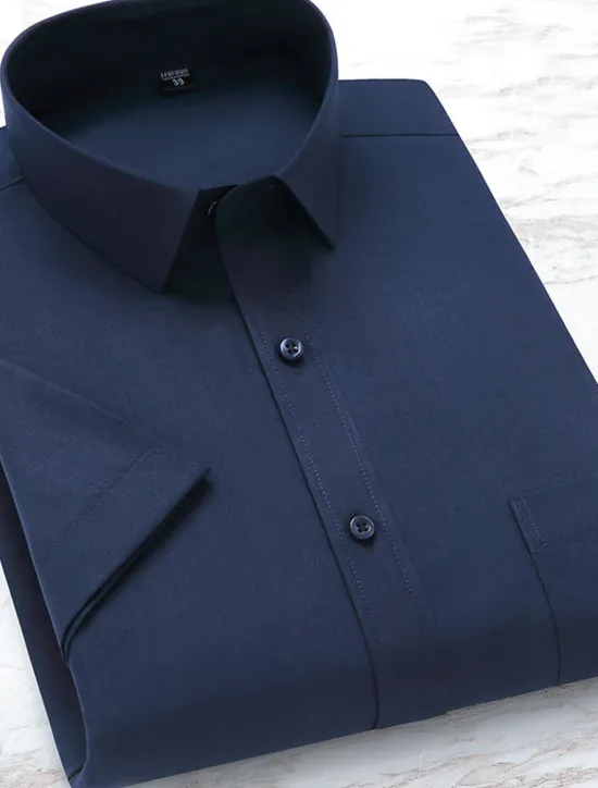 Online OUKU Men's Dress Shirt Solid / Plain Color Wedding Office & Career Light Blue Black White Dark Navy Short Sleeve Shirt Collar Spring & Summer Clothing Apparel