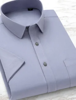 Online OUKU Men's Dress Shirt Solid / Plain Color Wedding Office & Career Light Blue Black White Dark Navy Short Sleeve Shirt Collar Spring & Summer Clothing Apparel