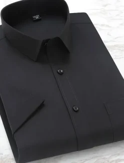 Online OUKU Men's Dress Shirt Solid / Plain Color Wedding Office & Career Light Blue Black White Dark Navy Short Sleeve Shirt Collar Spring & Summer Clothing Apparel