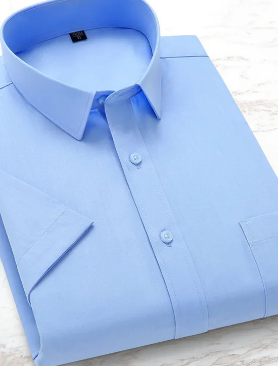 Online OUKU Men's Dress Shirt Solid / Plain Color Wedding Office & Career Light Blue Black White Dark Navy Short Sleeve Shirt Collar Spring & Summer Clothing Apparel
