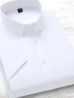 Online OUKU Men's Dress Shirt Solid / Plain Color Wedding Office & Career Light Blue Black White Dark Navy Short Sleeve Shirt Collar Spring & Summer Clothing Apparel
