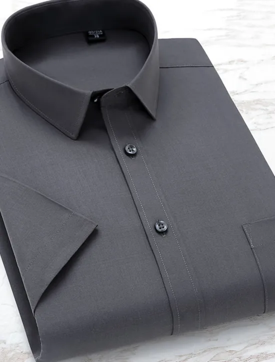 Online OUKU Men's Dress Shirt Solid / Plain Color Wedding Office & Career Light Blue Black White Dark Navy Short Sleeve Shirt Collar Spring & Summer Clothing Apparel