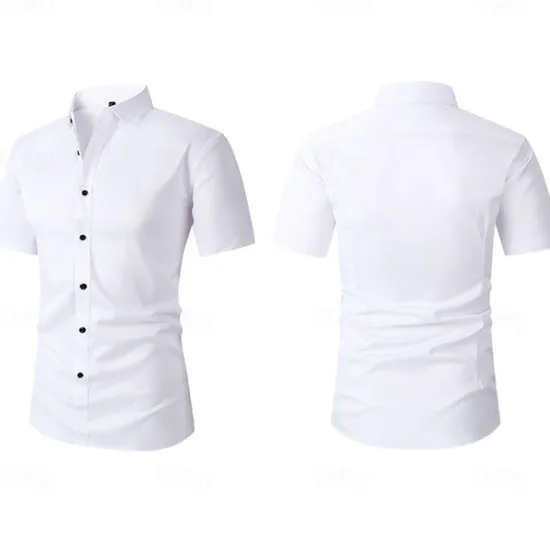 Online OUKU Men's Dress Shirt Stretch Plain Business / Ceremony / Wedding Black White Pink Navy Blue Short Sleeve Collar Summer Spring Clothing Apparel