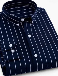 Discount OUKU Men's Dress Shirt Striped Shirt Wrinkle Resistant Stretch Stripes and Plaid Wedding Office & Career Black Yellow Dark Pink Red Long Sleeve Turndown All Seasons Clothing Apparel