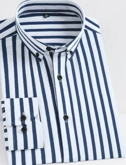 Discount OUKU Men's Dress Shirt Striped Shirt Wrinkle Resistant Stretch Stripes and Plaid Wedding Office & Career Black Yellow Dark Pink Red Long Sleeve Turndown All Seasons Clothing Apparel