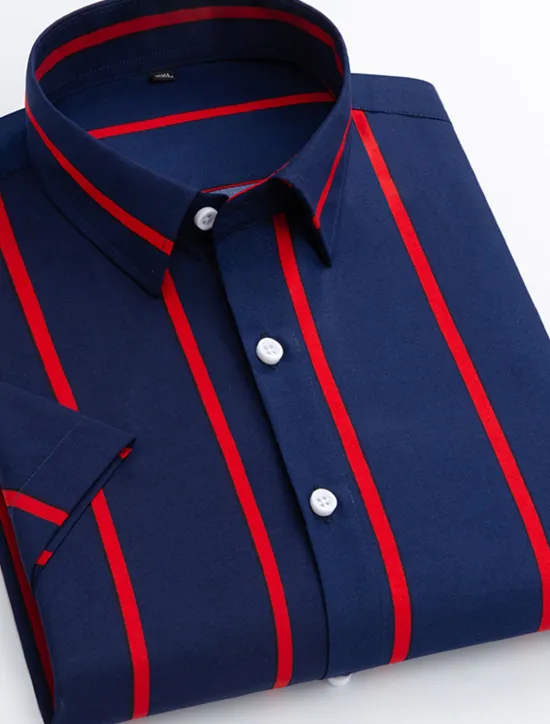 New OUKU Men's Dress Shirt Striped Shirt Plaid / Striped / Chevron / Round Wedding Office & Career Black White Dark Navy Navy Blue Short Sleeve Shirt Collar Spring & Summer Clothing Apparel