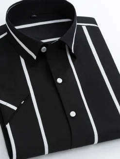 New OUKU Men's Dress Shirt Striped Shirt Plaid / Striped / Chevron / Round Wedding Office & Career Black White Dark Navy Navy Blue Short Sleeve Shirt Collar Spring & Summer Clothing Apparel