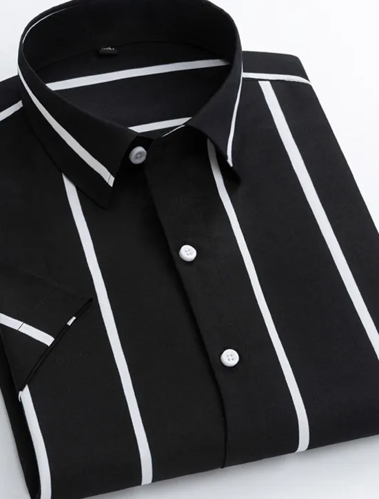New OUKU Men's Dress Shirt Striped Shirt Plaid / Striped / Chevron / Round Wedding Office & Career Black White Dark Navy Navy Blue Short Sleeve Shirt Collar Spring & Summer Clothing Apparel