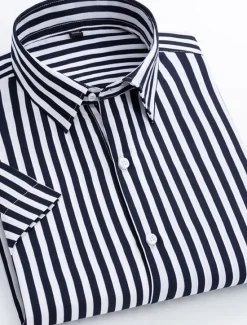 New OUKU Men's Dress Shirt Striped Shirt Plaid / Striped / Chevron / Round Wedding Office & Career Black White Dark Navy Navy Blue Short Sleeve Shirt Collar Spring & Summer Clothing Apparel