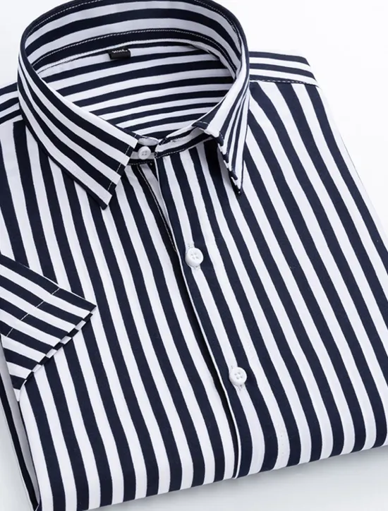 New OUKU Men's Dress Shirt Striped Shirt Plaid / Striped / Chevron / Round Wedding Office & Career Black White Dark Navy Navy Blue Short Sleeve Shirt Collar Spring & Summer Clothing Apparel
